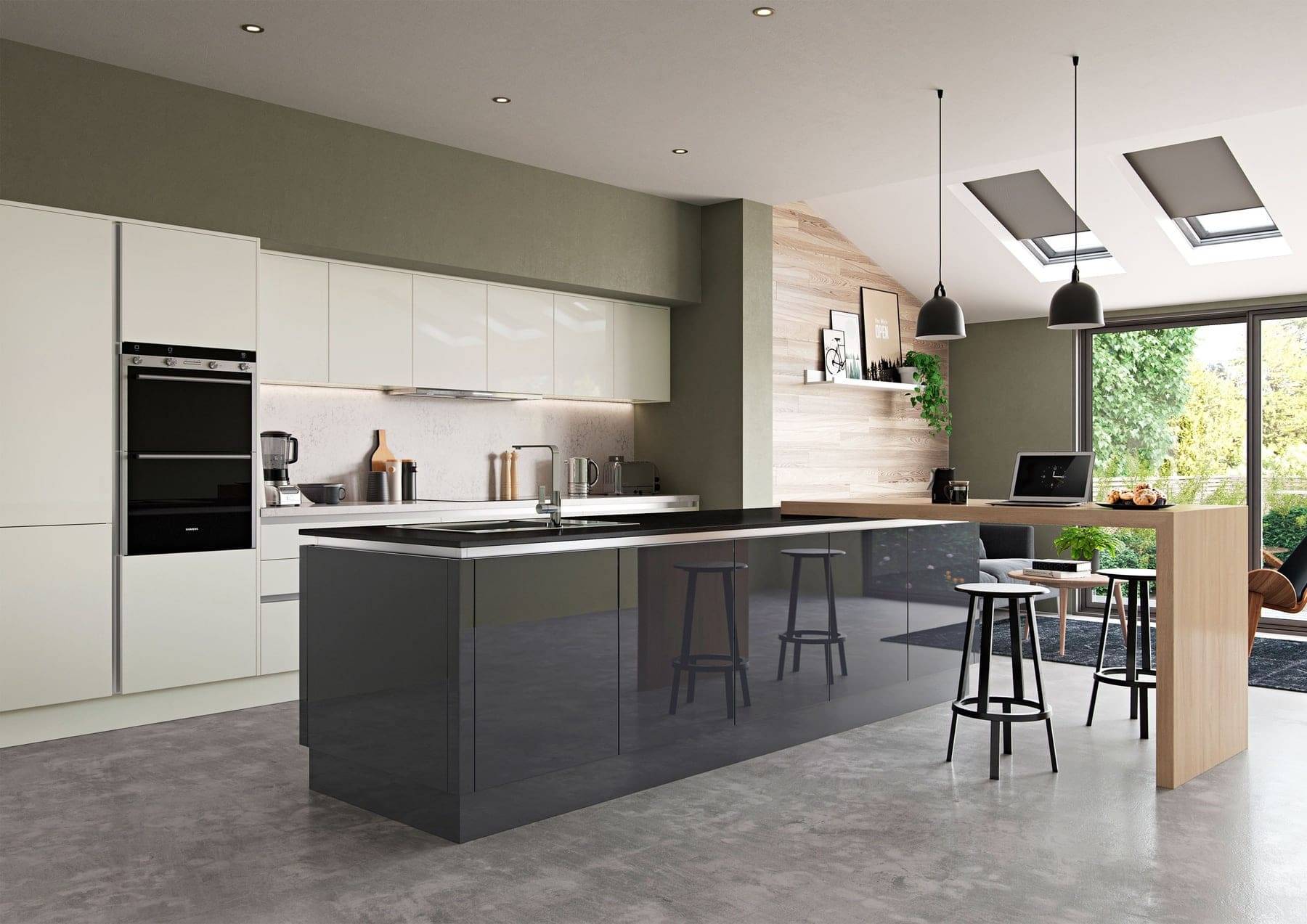 Zola Gloss Porcelain And Graphite Handleless Open Plan Kitchen | Atelier Kuchen, Wimbledon