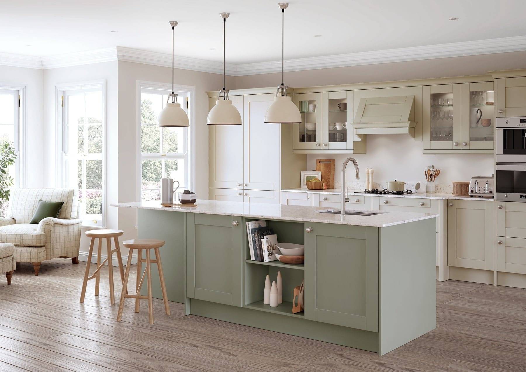 Madison Mussel And Sage Green Shaker Kitchen With Island | Atelier Kuchen, Wimbledon