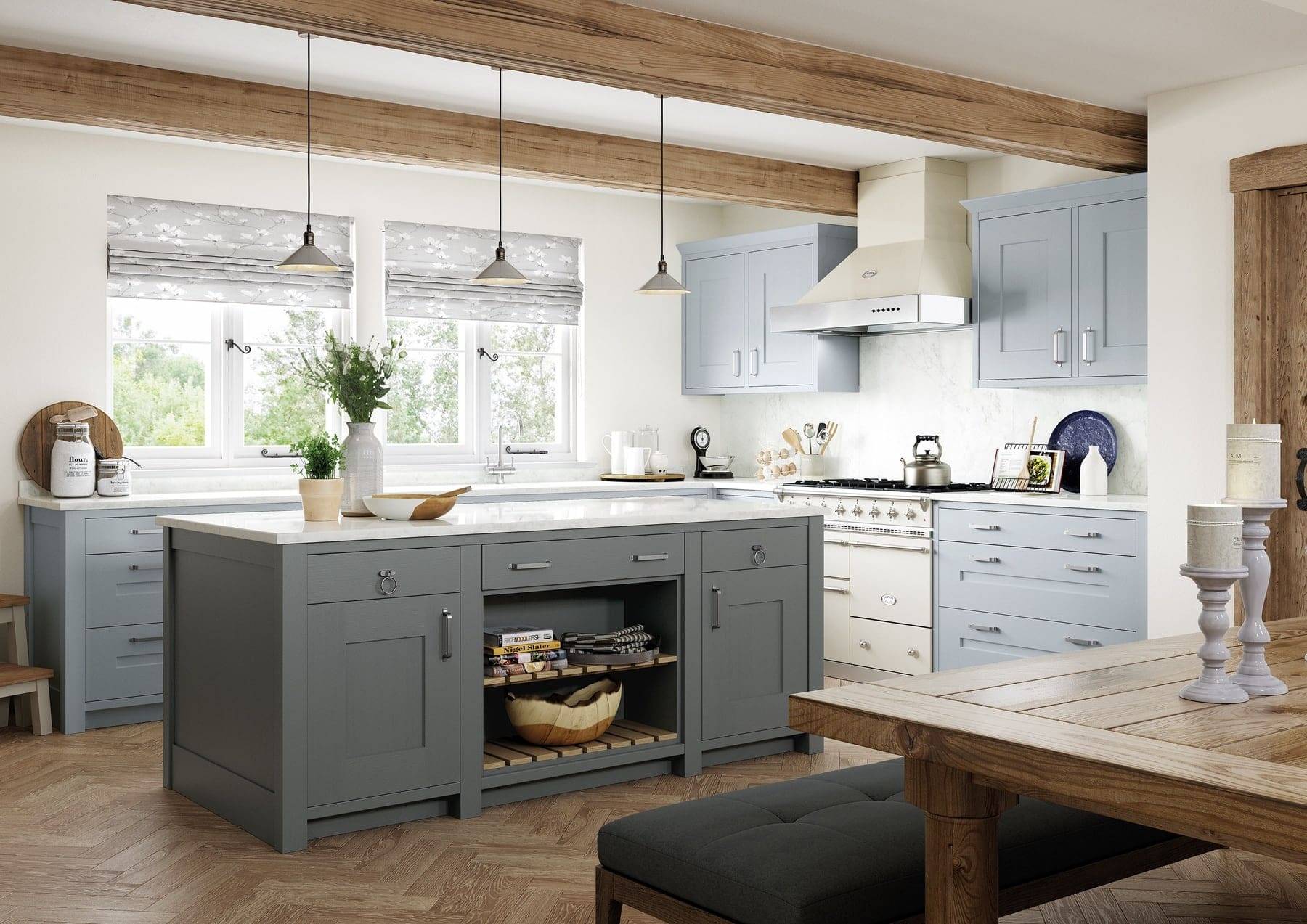 Clonmel Pantry Blue And Gun Metal Grey Shaker L Shaped Kitchen With Island 1 | Atelier Kuchen, Wimbledon