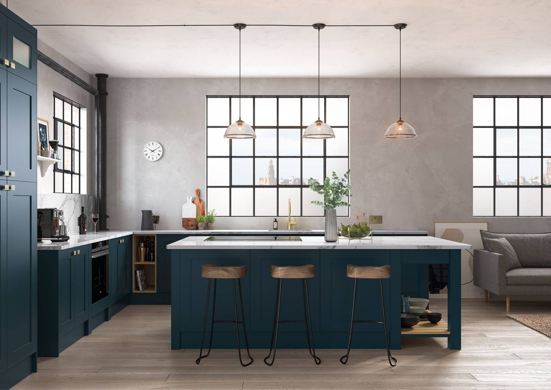 Georgia Marine L Shaped Kitchen With Island | Atelier Kuchen, Wimbledon