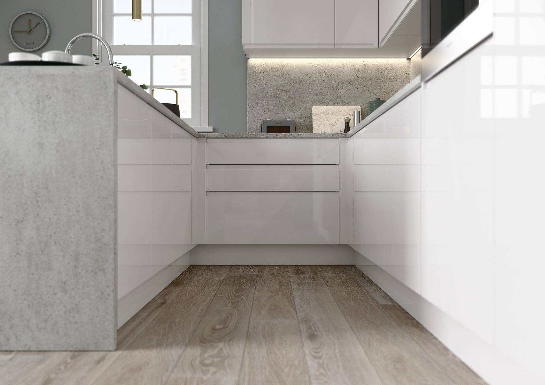Strada Gloss White And Aldana Compact Handleless Kitchen | Atelier Kuchen, Wimbledon