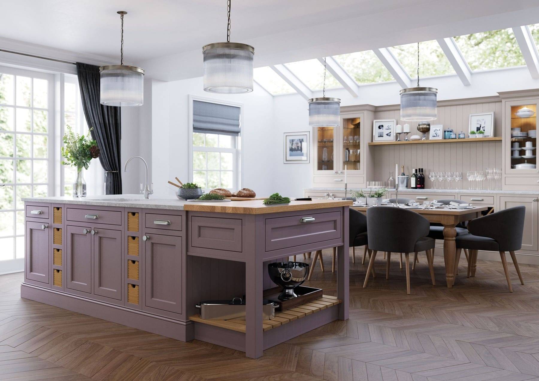 Belgravia Lavendar Gray And Cashmere Shaker Open Plan Kitchen | Atelier Kuchen, Wimbledon