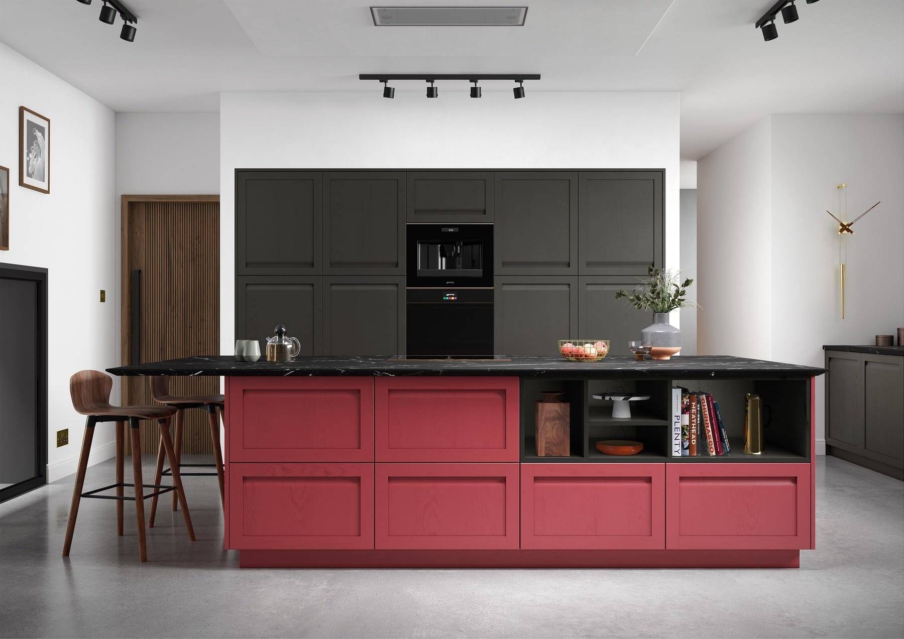 Harborne Graphite And Cms Chicory Red Kitchen With Island | Atelier Kuchen, Wimbledon