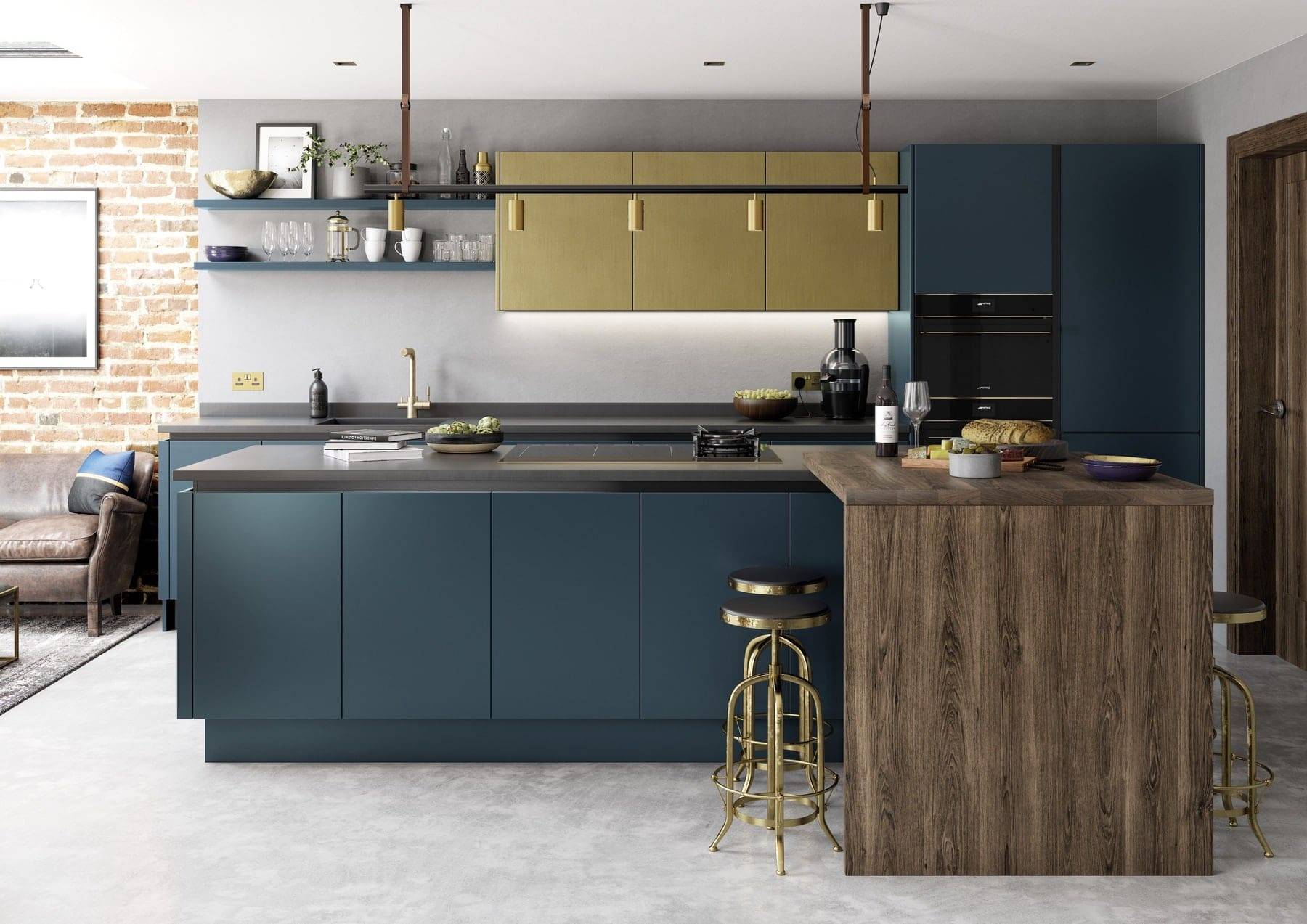 Zola Matte Marine And Ferro Brass Handleless Kitchen | Atelier Kuchen, Wimbledon