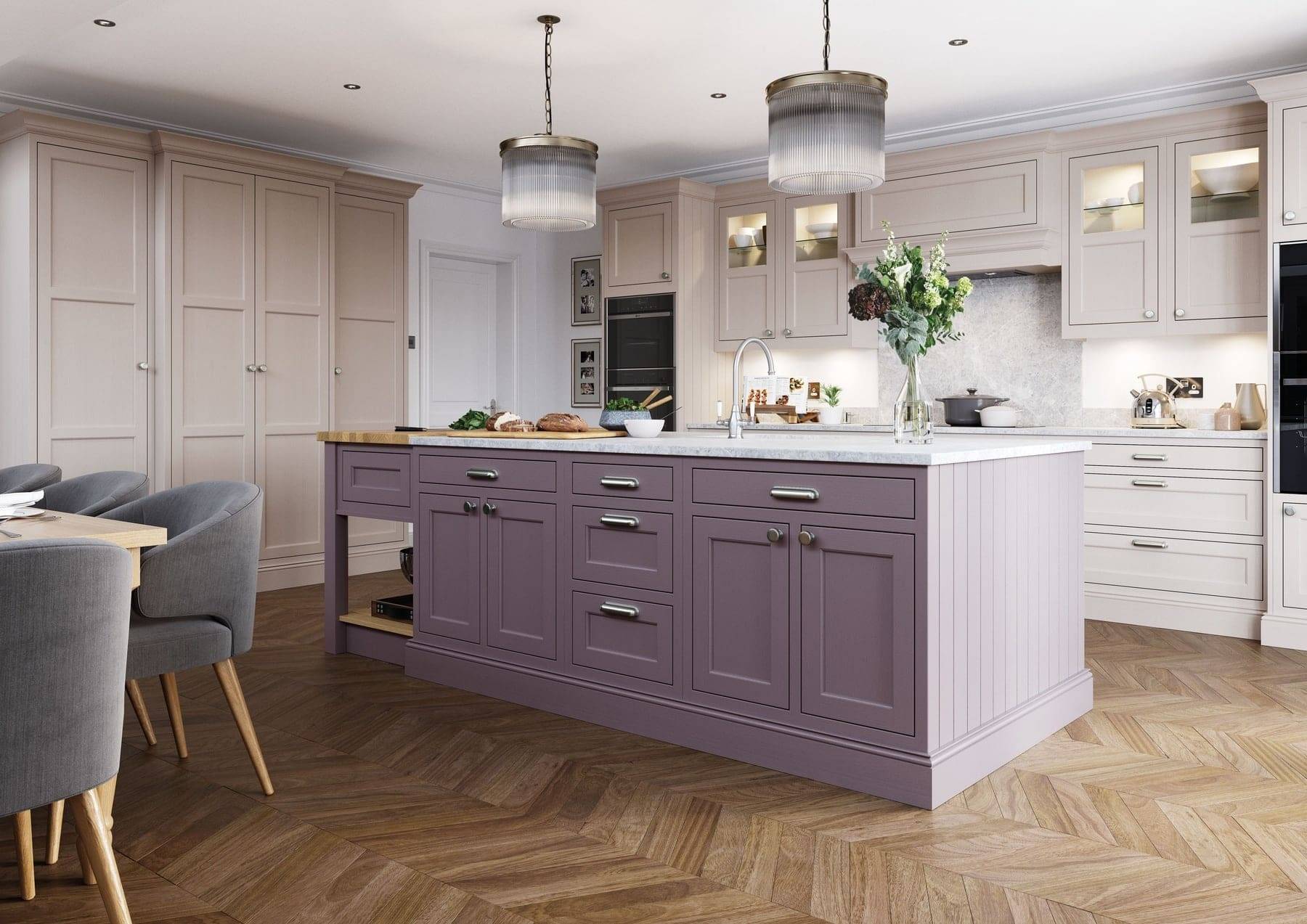 Belgravia Lavendar Gray And Cashmere In Frame Shaker Kitchen With Island 1 | Atelier Kuchen, Wimbledon